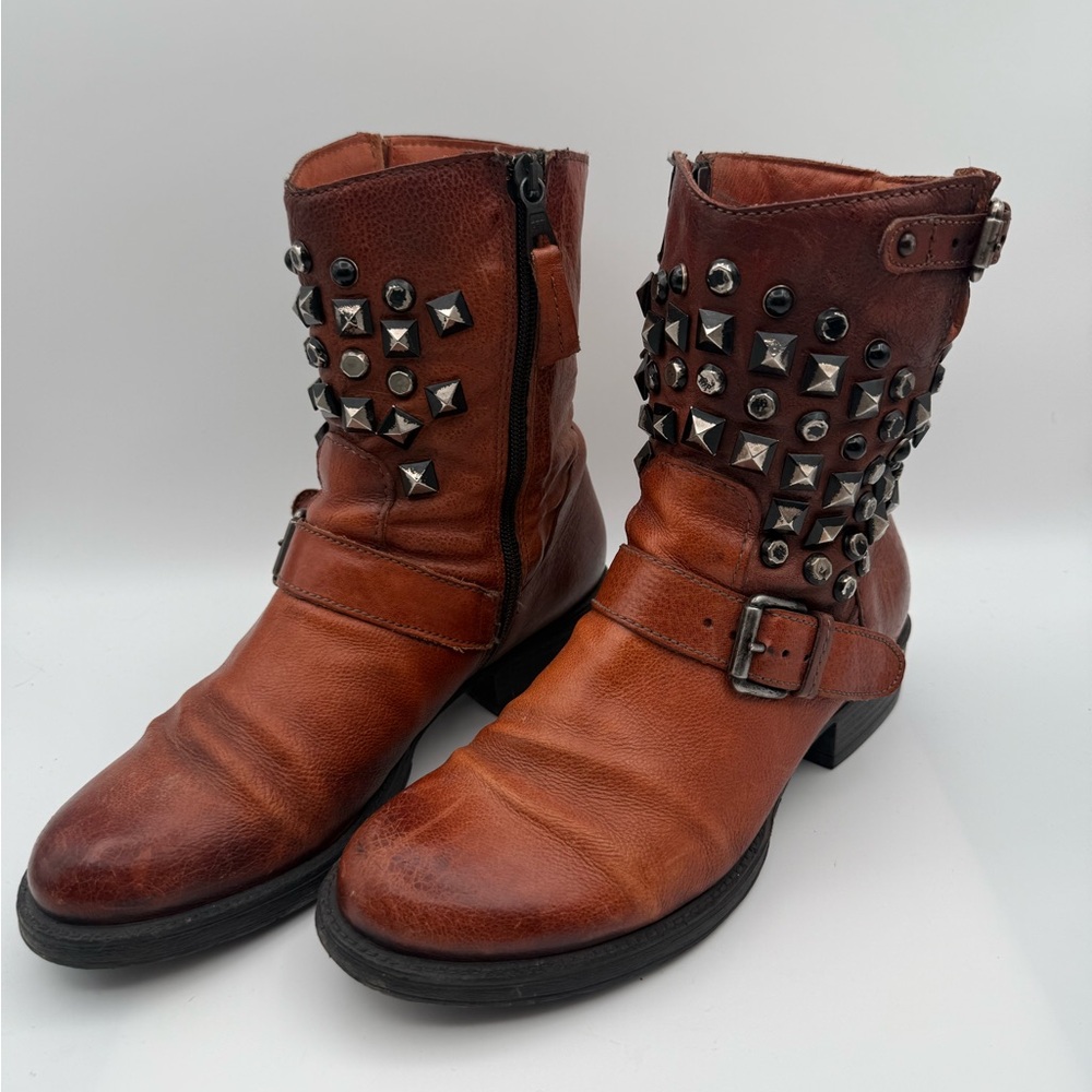 Studded Brown Leather Moto Boots